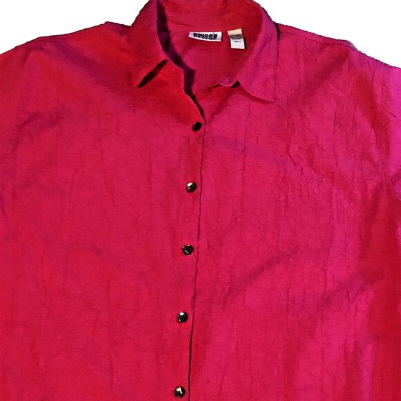 Chicos Crepe Gauze Shirt Womens Sz L Button Front Fuchsia Roll Tab Sleeve Blouse - Picture 2 of 11